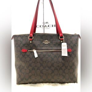 🆕🔥NWT! Coach Sig Large Gallery Tote Handbag Brown/Red Msrp:$350.00